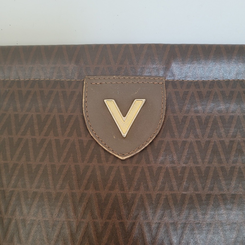 Mario Valentino Vintage Monogram Clutch Bag Brown V Pattern Made in Italy Large - Picture 9 of 10